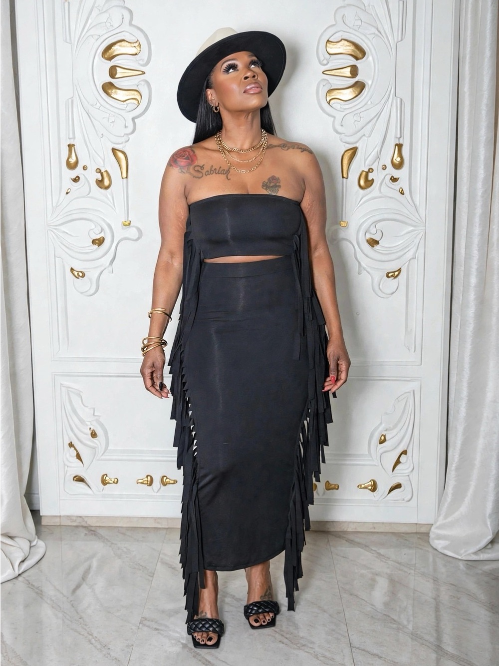 Strapless Black Fringe Maxi Skirt - Women